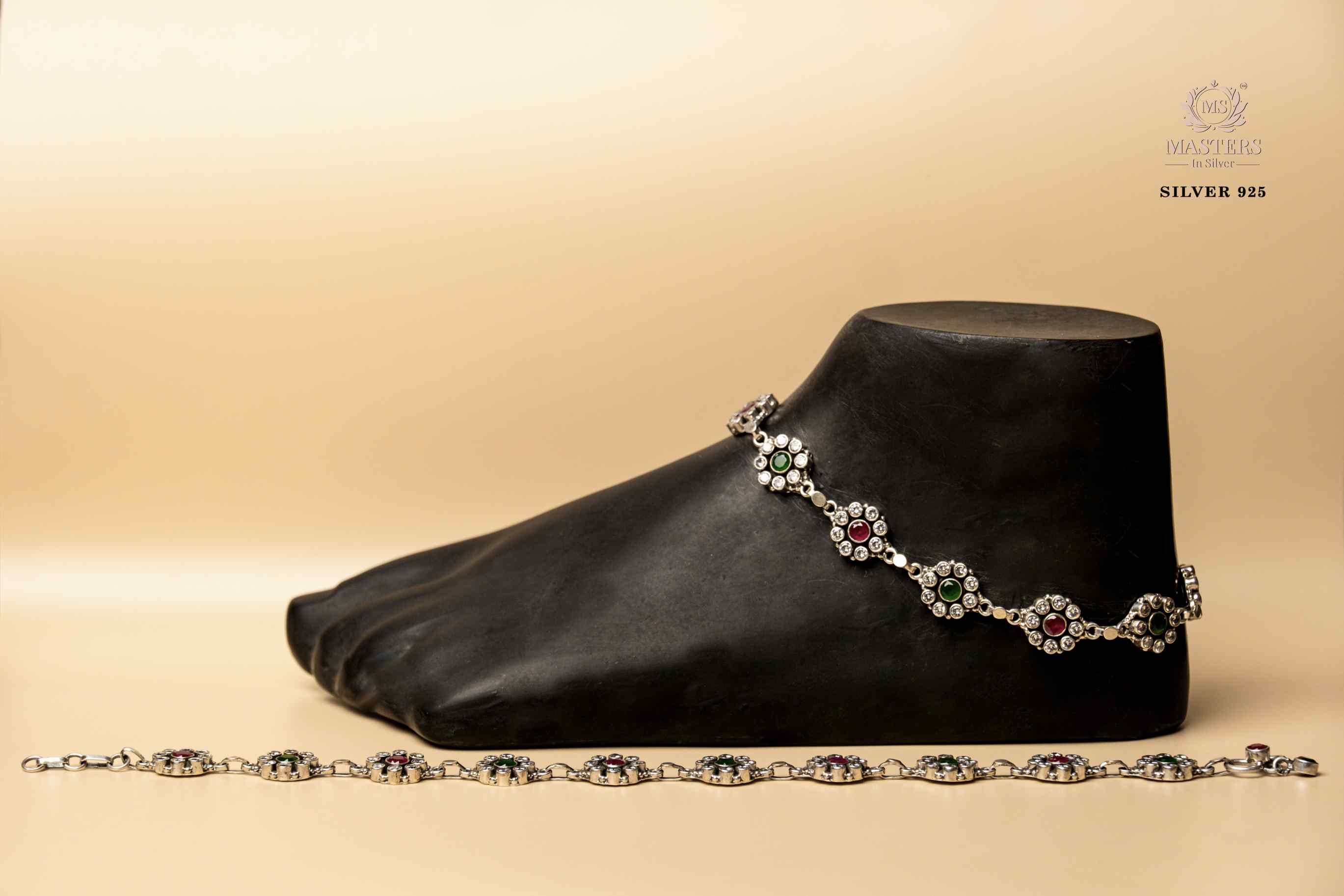 OXIDISED CUTSTONE ANKLETS OCCASIONAL/REGULAR USE PINK, GREEN & WHITE STONES