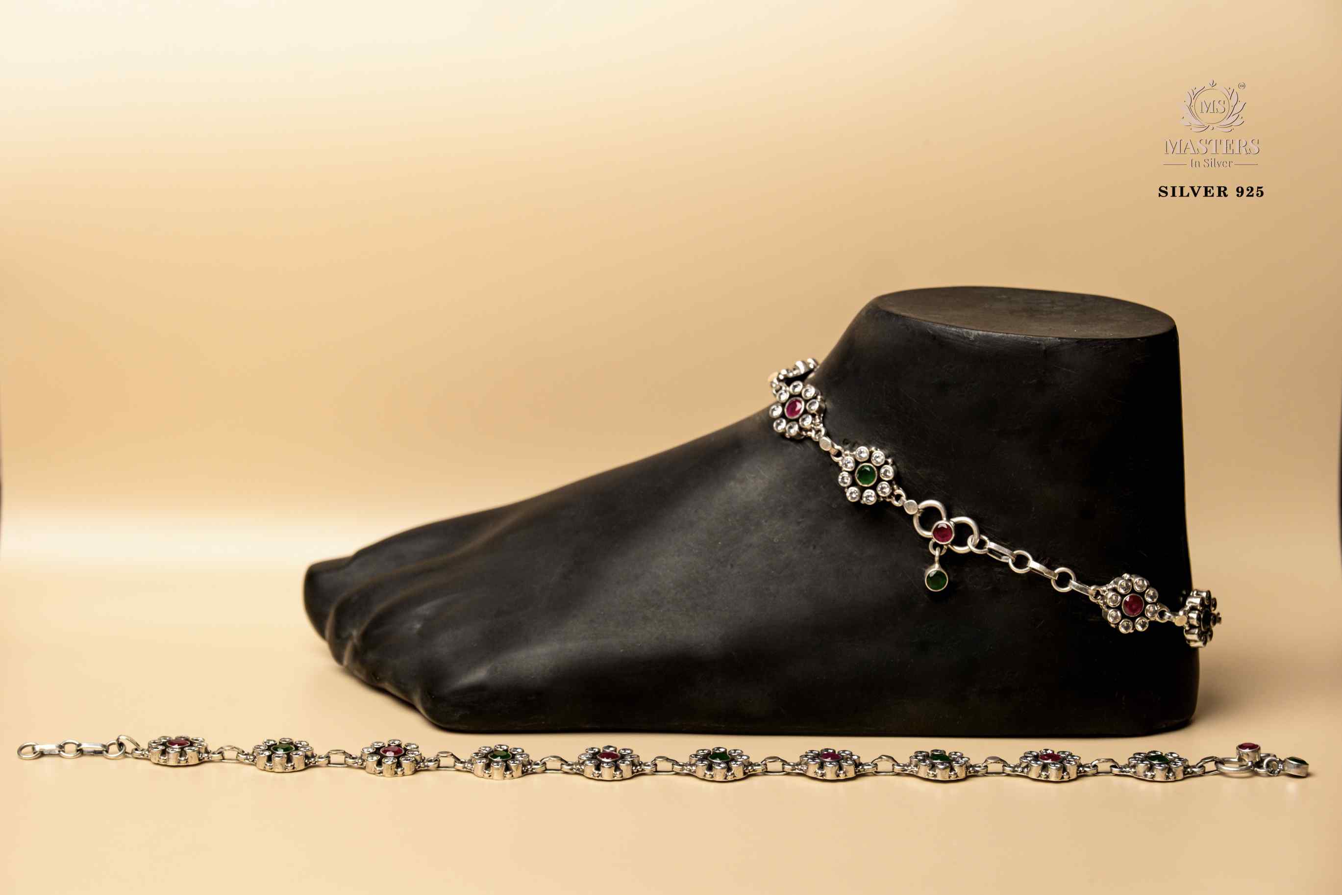 OXIDISED CUTSTONE ANKLETS OCCASIONAL/REGULAR USE PINK, GREEN & WHITE STONES