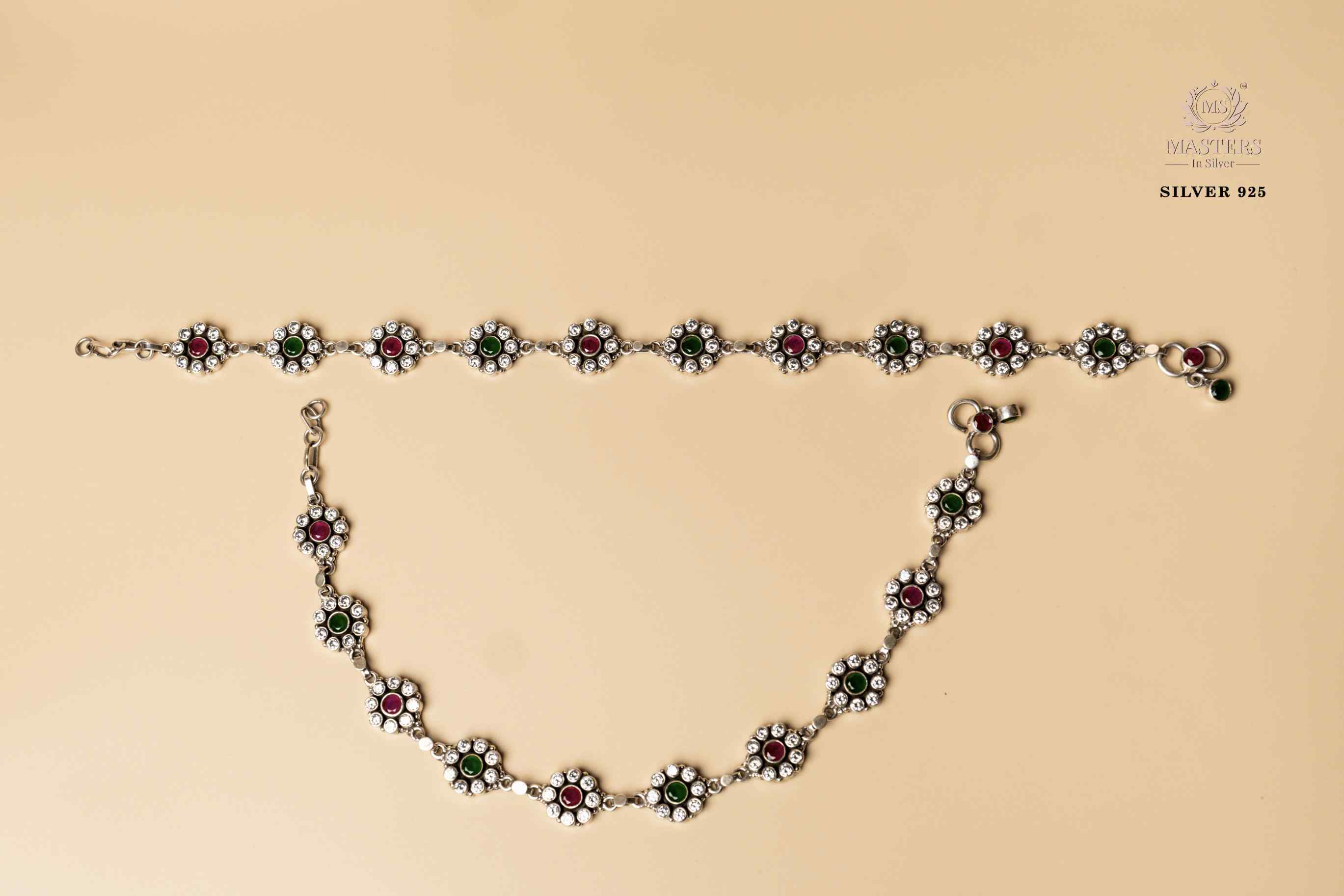 OXIDISED CUTSTONE ANKLETS OCCASIONAL/REGULAR USE PINK, GREEN & WHITE STONES
