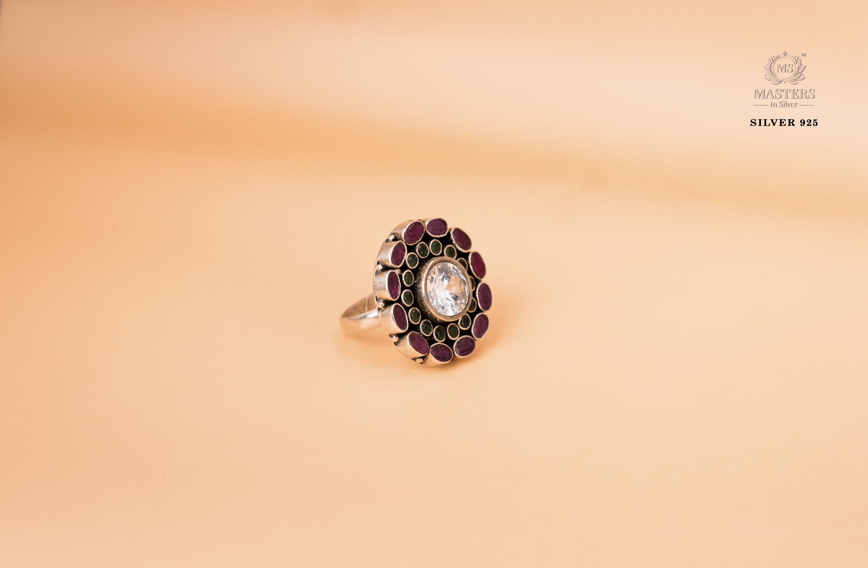 OXIDISED COCKTAIL RING CUT STONES MID SIZE