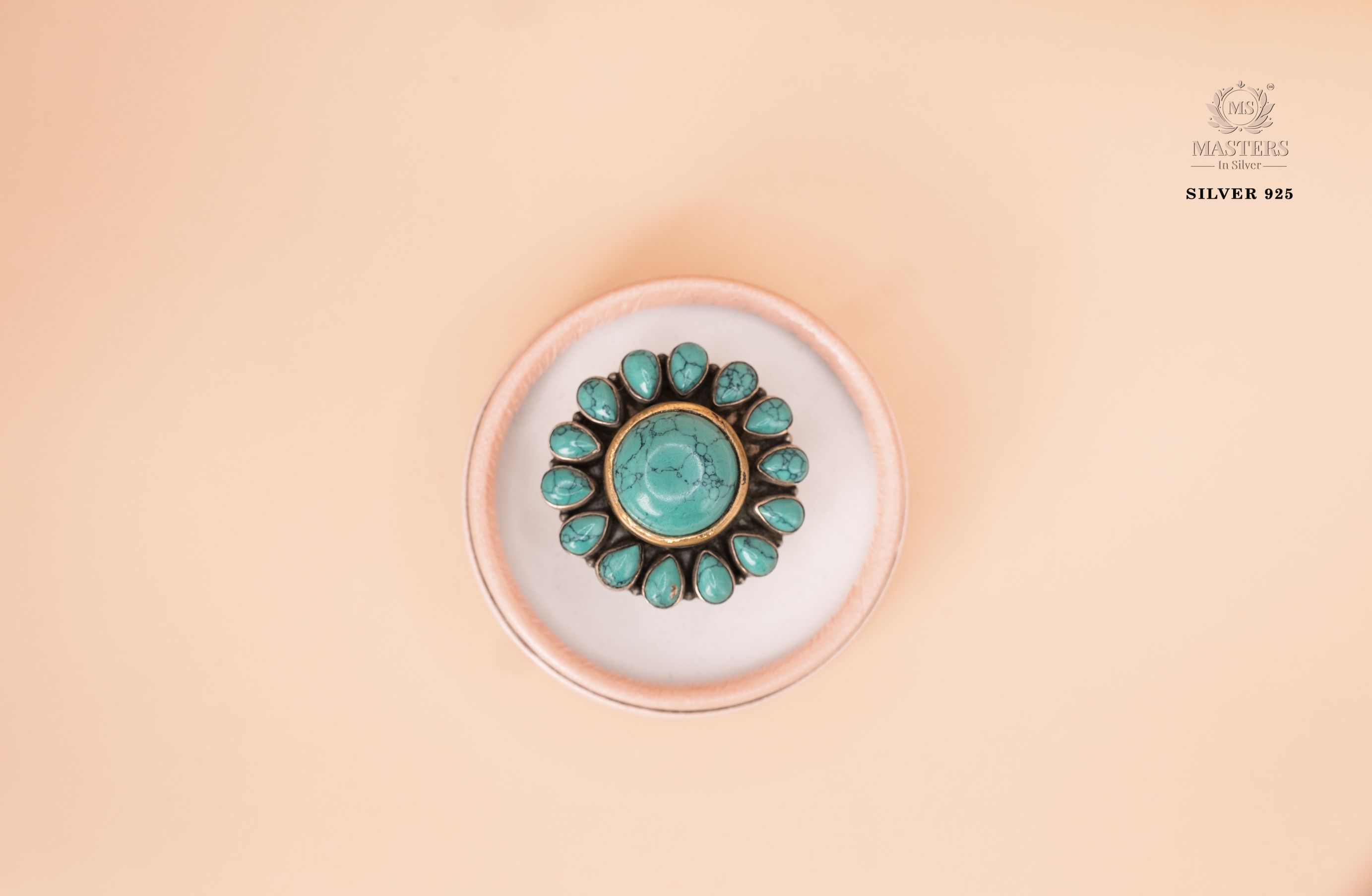 OXIDISED COCKTAIL RING CUT STONES Turquoise floral