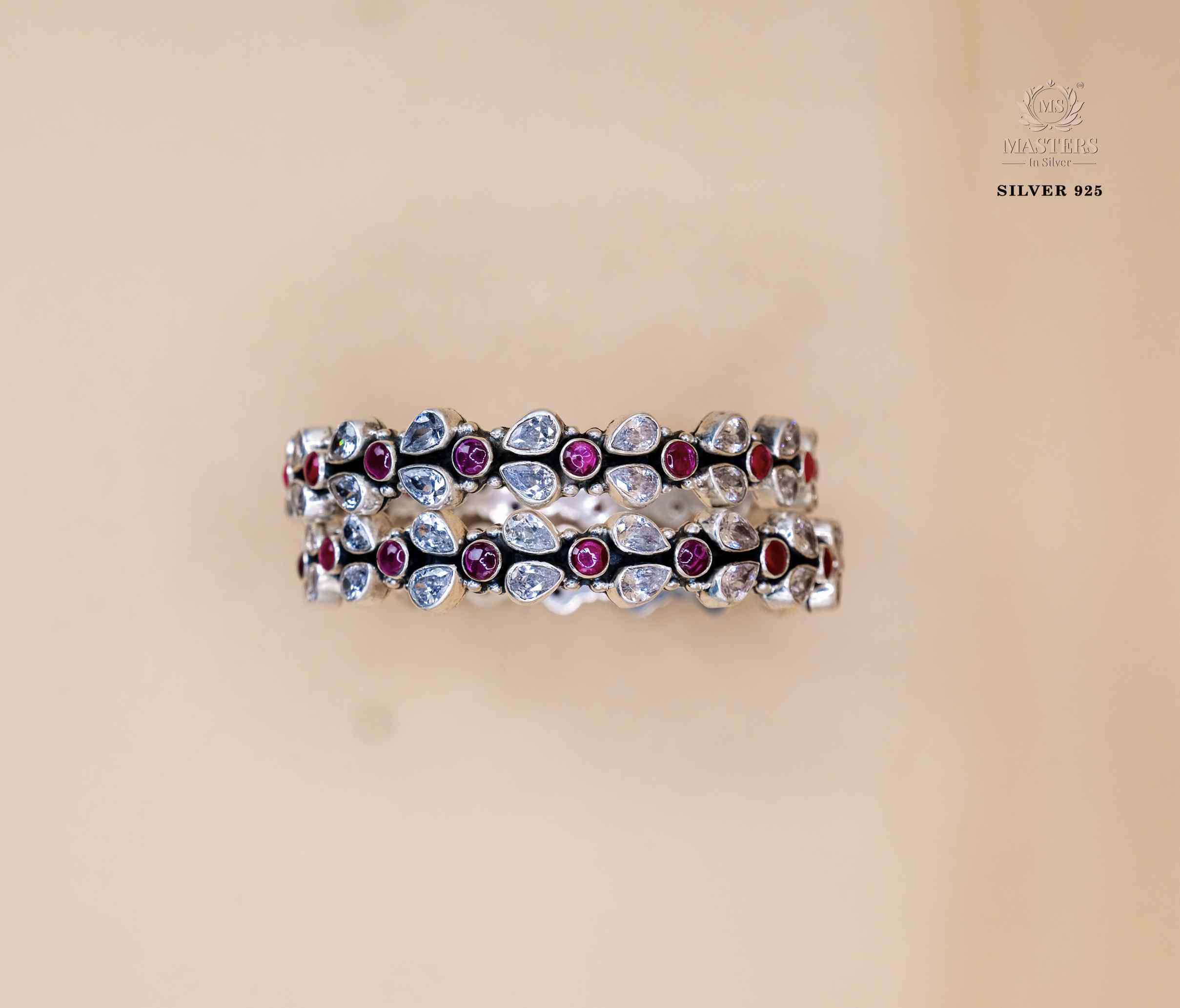 FLORAL INDIAN STYLE PINK IN CENTRE 2 WHITE STONES BRACELETS  ( 2 pcs. )
