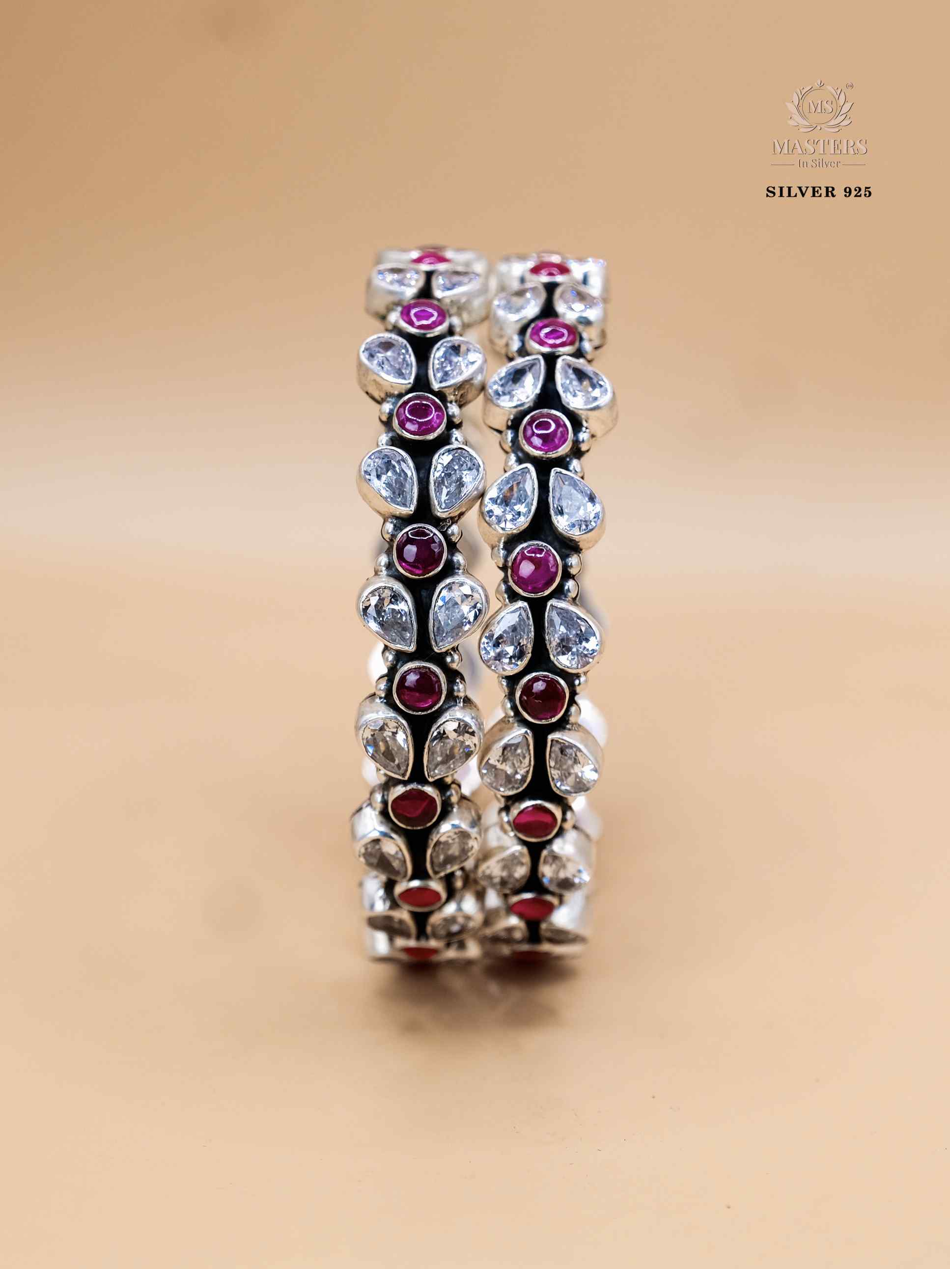 FLORAL INDIAN STYLE PINK IN CENTRE 2 WHITE STONES BRACELETS  ( 2 pcs. )