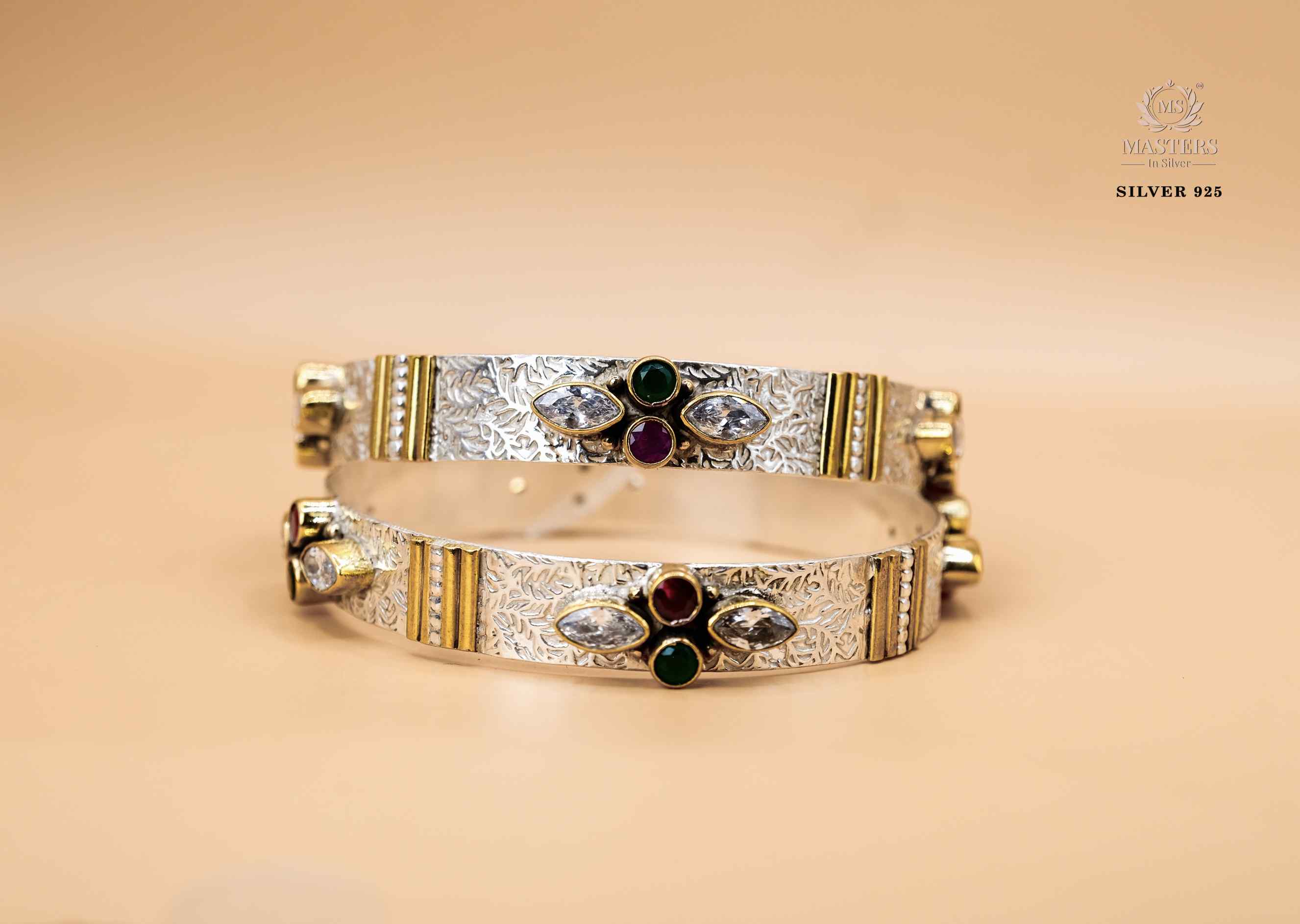 PREMIUM  BRACELETS SILVER & GOLDEN TONE GREEN N RED CUTSTONES ORIGINAL EXPORT QUALITY 925 SILVER
