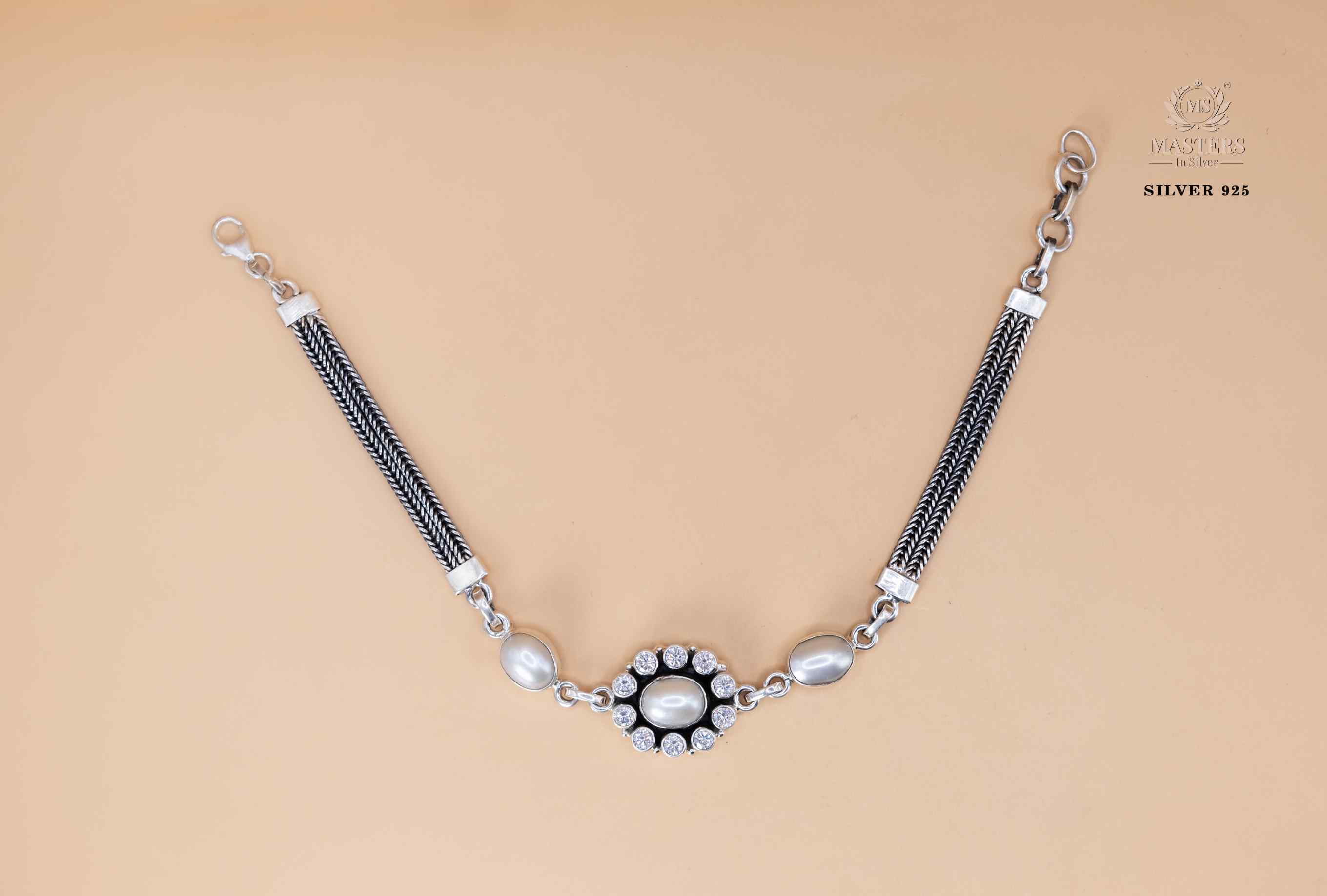 Oxidised  ORIGINAL SILVER, Pearl bracelet ladies type