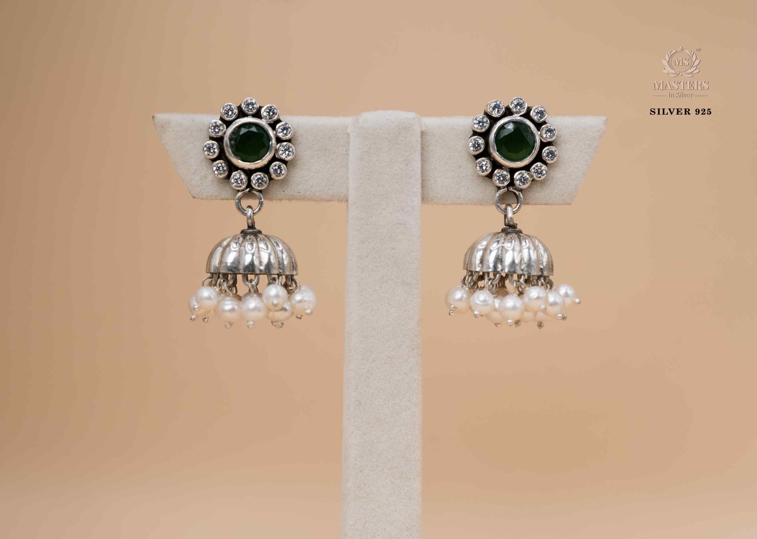 OXIDISED ORIGINAL EXPORT QUALITY JHUMKI EARRINGS GREEN CENTRE