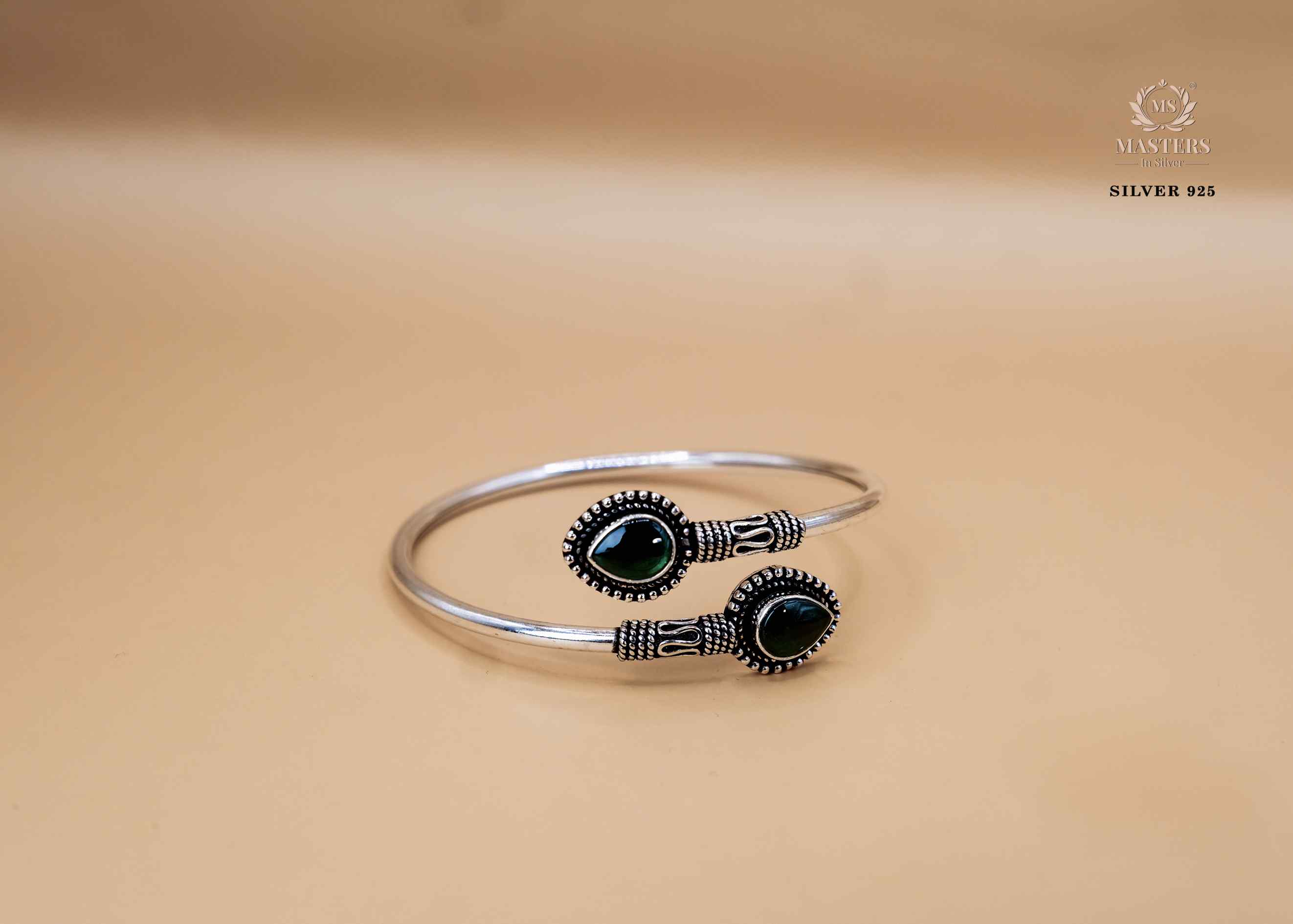 ORIGINAL SILVER 925 KADA 2 GREEN SEMI PRECIOUS STONES