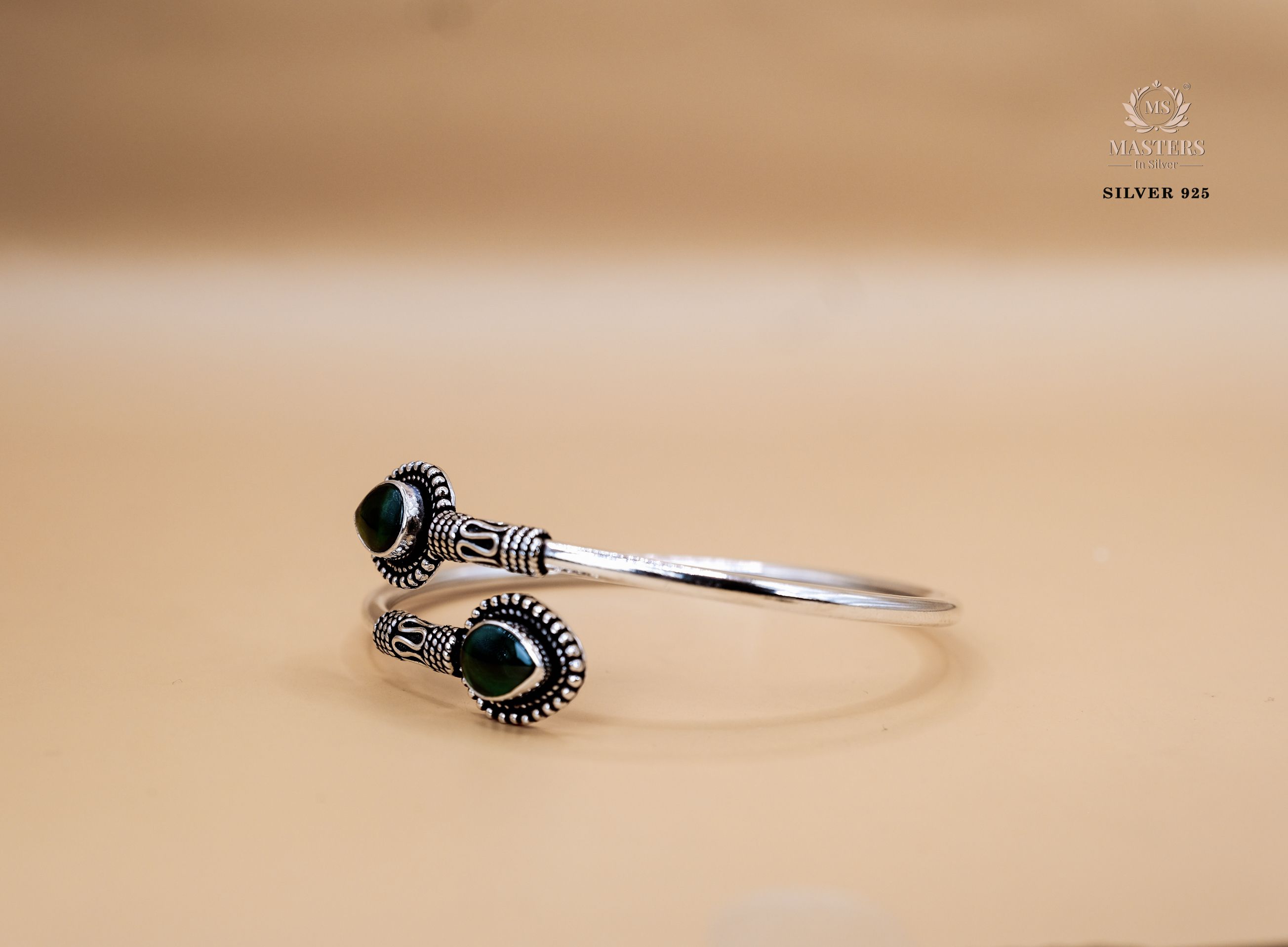 ORIGINAL SILVER 925 KADA 2 GREEN SEMI PRECIOUS STONES